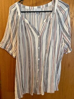 AB Studio Vertical Stripe Button-Front Blouse in Cream, Mauve and Black